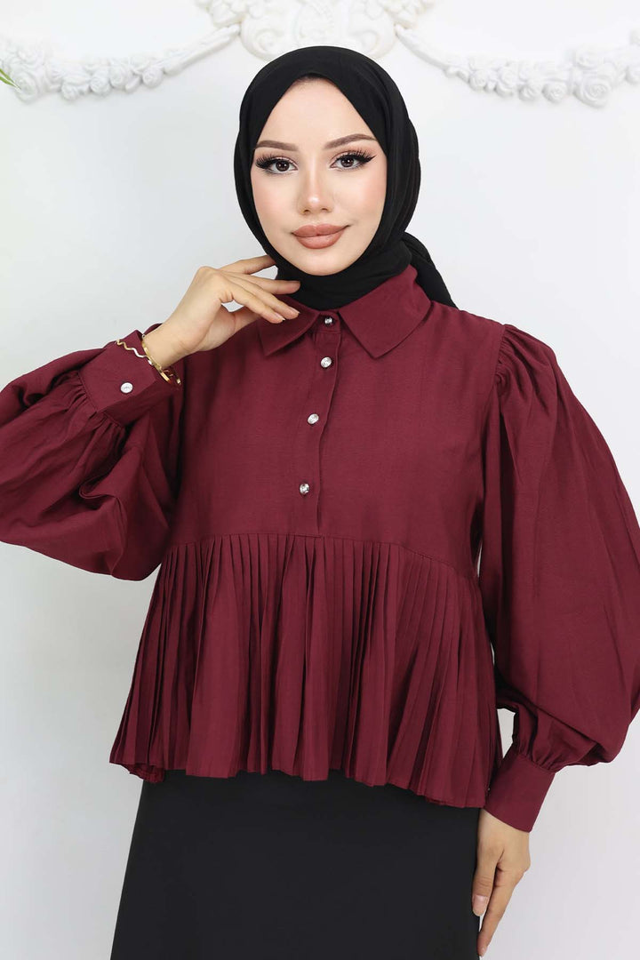 BNG Women Pileli Kısa Gömlek Bordo 2248 - San Pedro Mixtepec