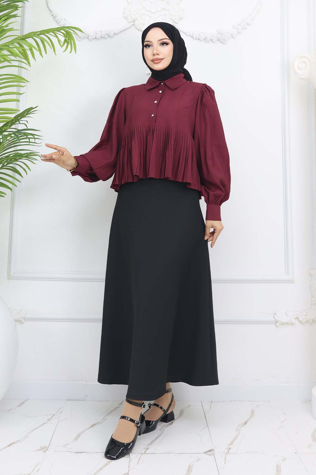 BNG Women Pileli Kısa Gömlek Bordo 2248 - San Pedro Mixtepec