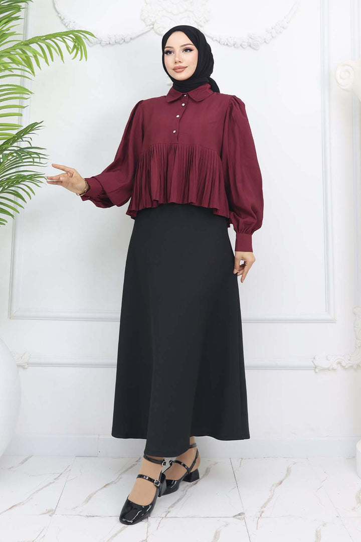 BNG Women Pileli Kısa Gömlek Bordo 2248 - San Pedro Mixtepec