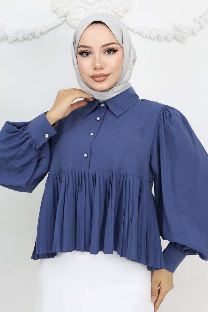 BNG Women Pileli Kısa Gömlek İndigo 2248 - Faro