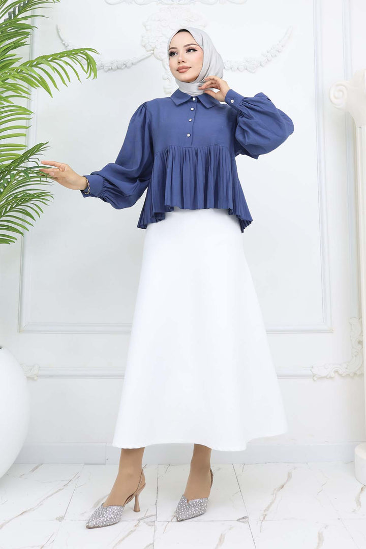 BNG Women Pileli Kısa Gömlek İndigo 2248 - Faro