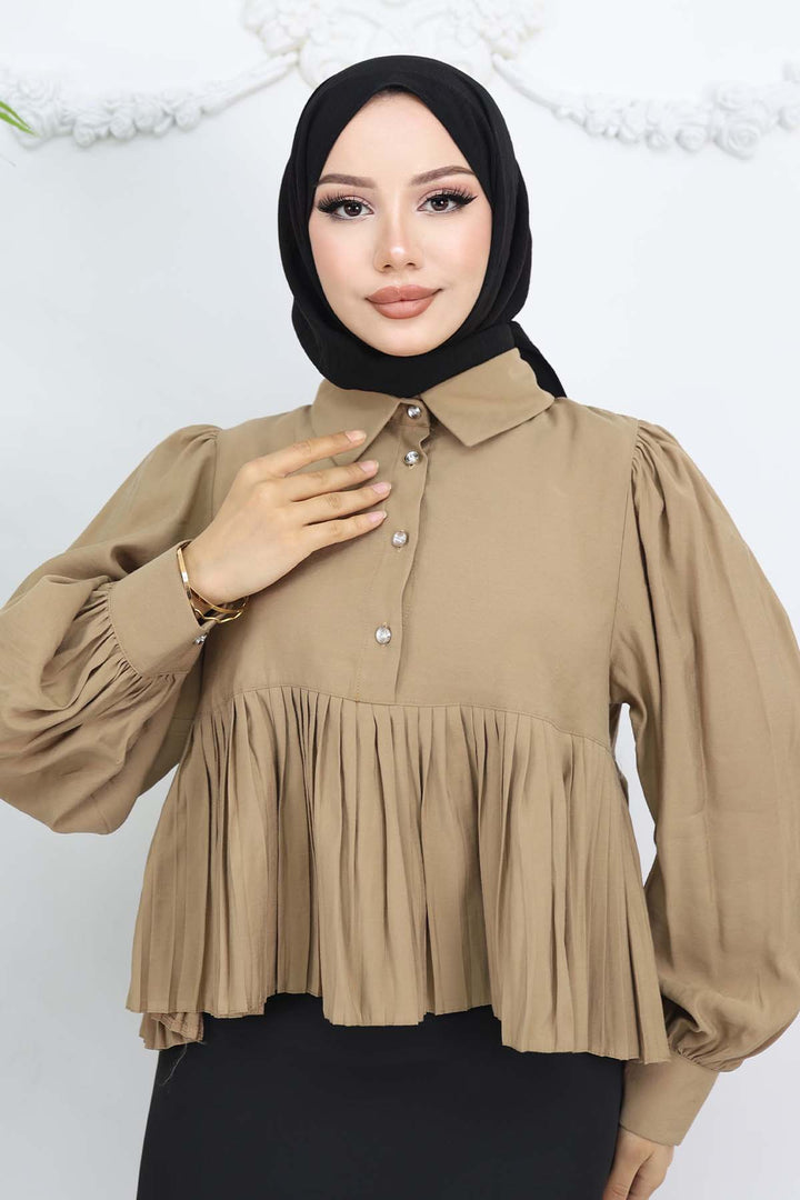 BNG Women Pileli Kısa Gömlek Vizon 2248 - Ílion