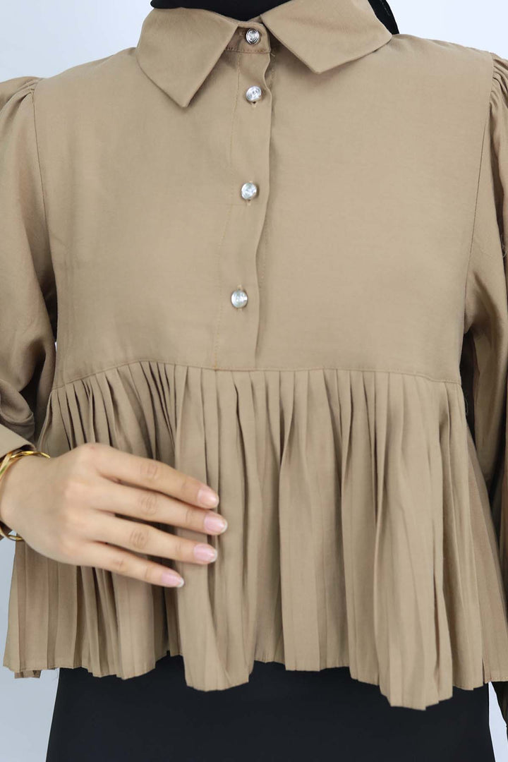 BNG Women Pileli Kısa Gömlek Vizon 2248 - Ílion