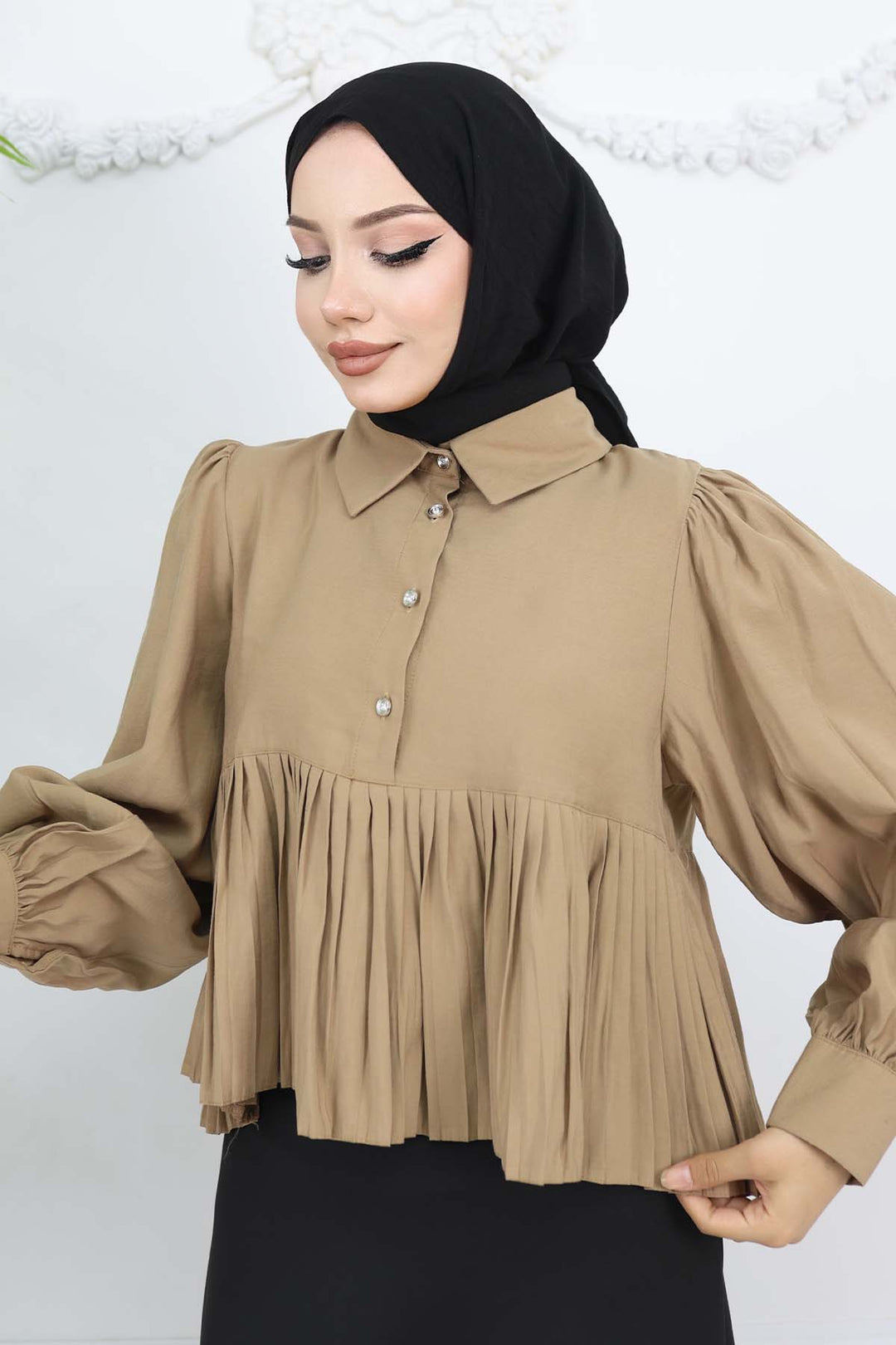 BNG Women Pileli Kısa Gömlek Vizon 2248 - Ílion