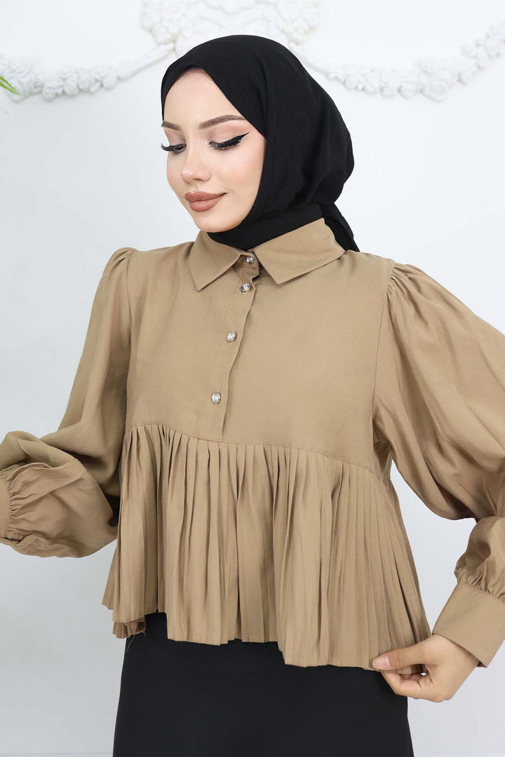 BNG Women Pileli Kısa Gömlek Vizon 2248 - Ílion