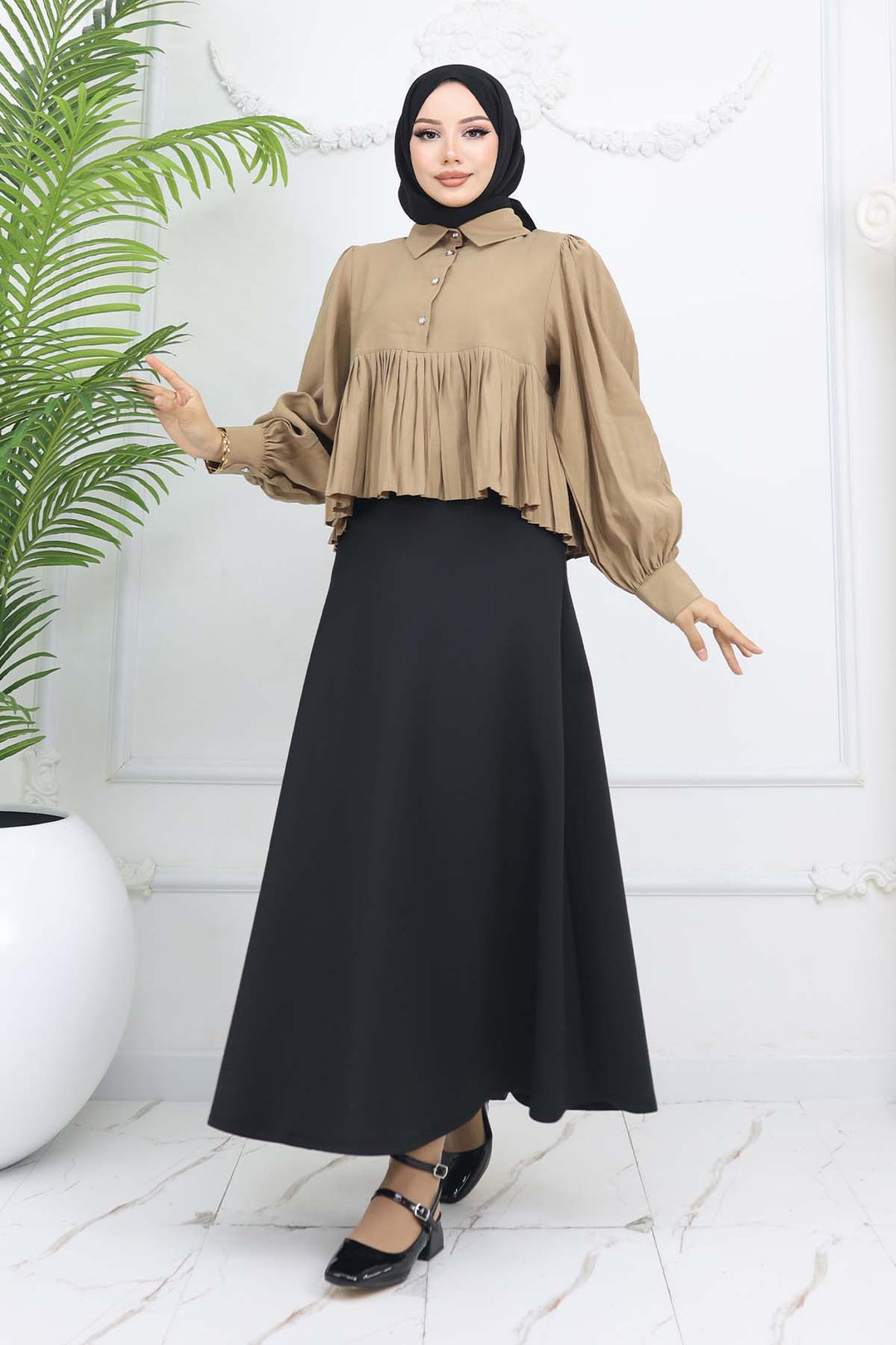 BNG Women Pileli Kısa Gömlek Vizon 2248 - Ílion