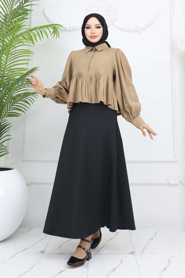 BNG Women Pileli Kısa Gömlek Vizon 2248 - Ílion