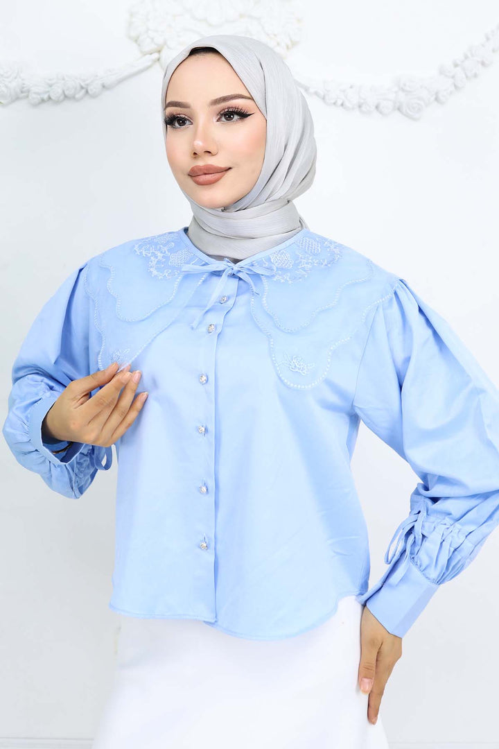 BNG Women Baby Blue Short Sleeve Shirt with Baby Collar 2254 - Levallois-Perret