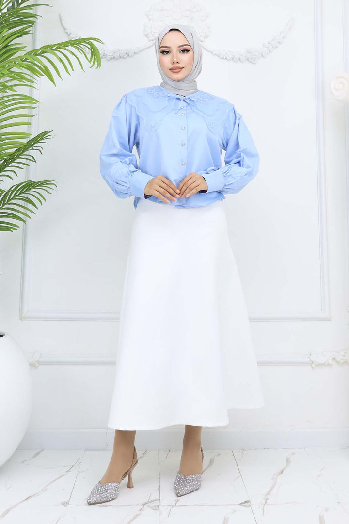 BNG Women Baby Blue Short Sleeve Shirt with Baby Collar 2254 - Levallois-Perret