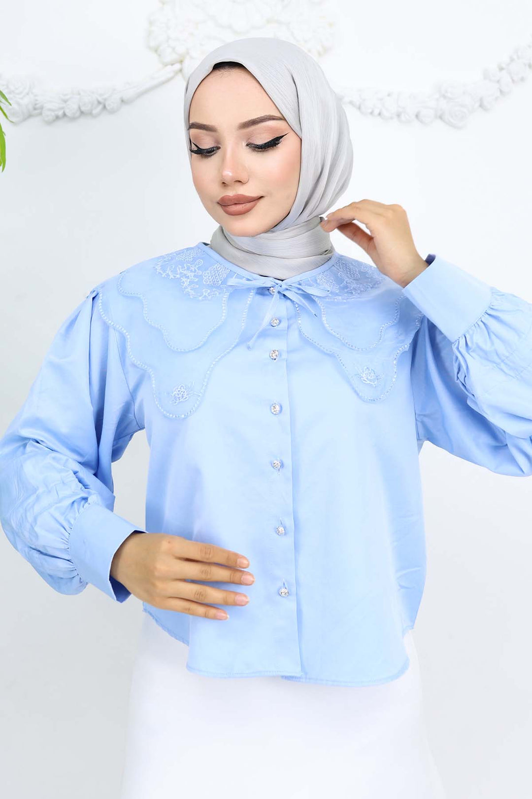 BNG Women Baby Blue Short Sleeve Shirt with Baby Collar 2254 - Levallois-Perret