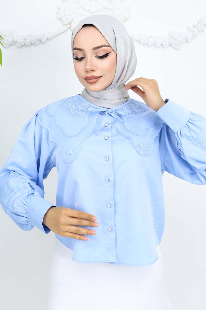 BNG Women Baby Blue Short Sleeve Shirt with Baby Collar 2254 - Levallois-Perret