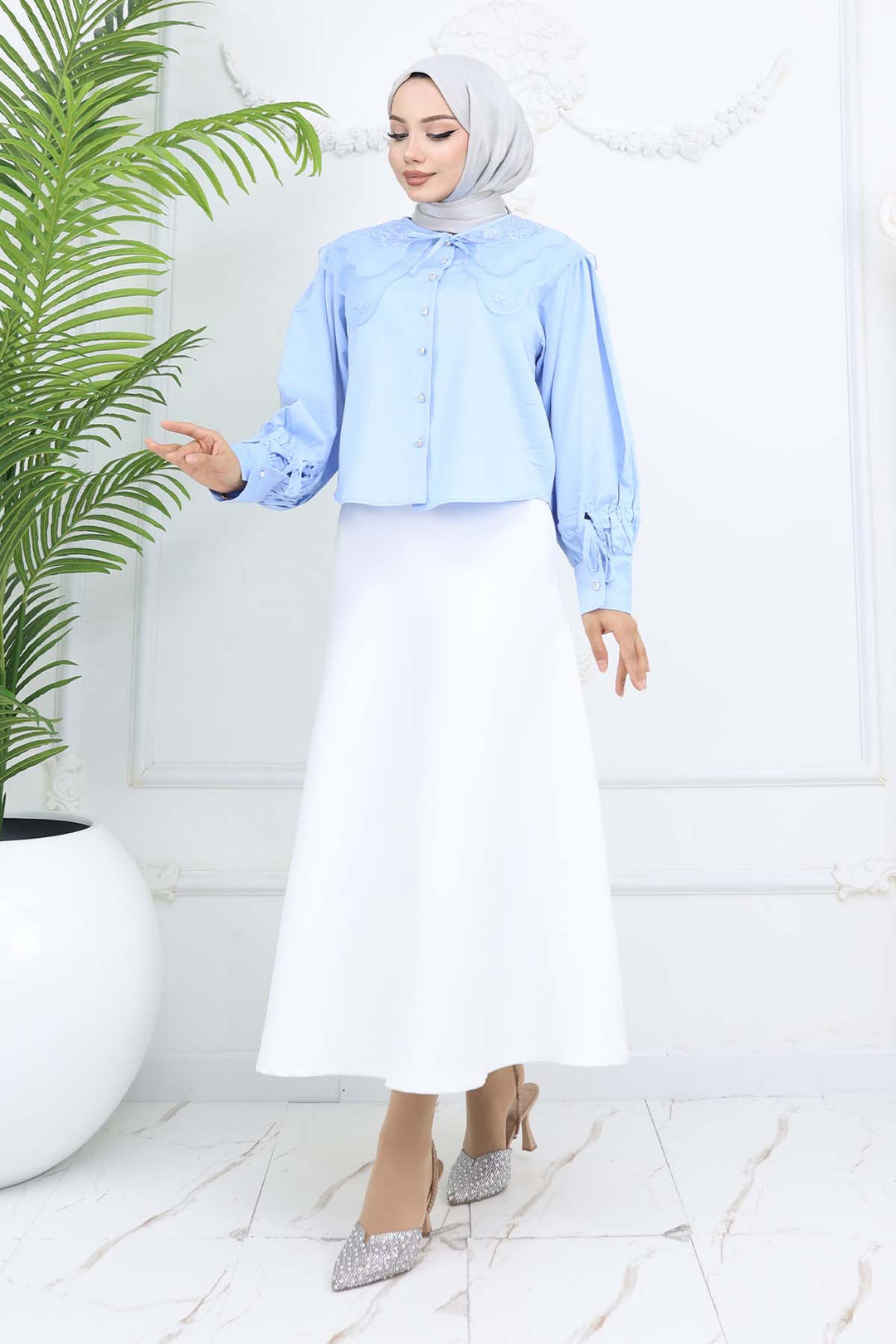 BNG Women Baby Blue Short Sleeve Shirt with Baby Collar 2254 - Levallois-Perret