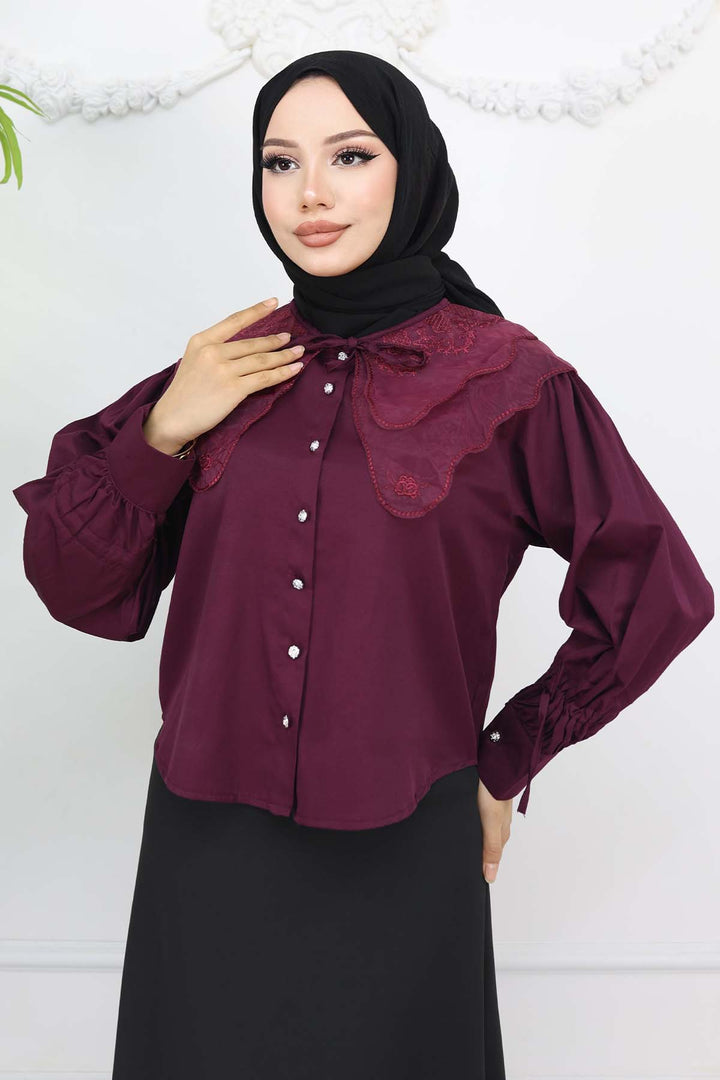 BNG Women Baby Collar Short Sleeve Shirt Burgundy 2254 - Madison