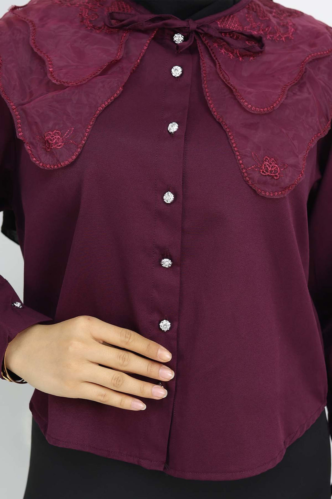 BNG Women Baby Collar Short Sleeve Shirt Burgundy 2254 - Madison