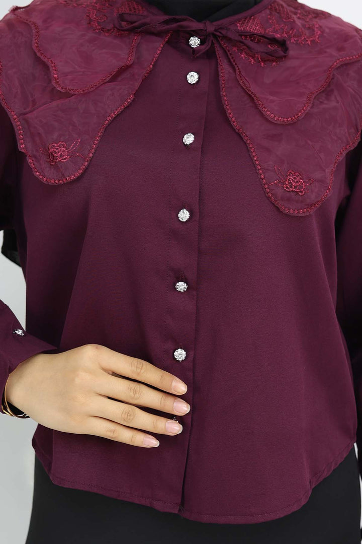 BNG Women Baby Collar Short Sleeve Shirt Burgundy 2254 - Madison