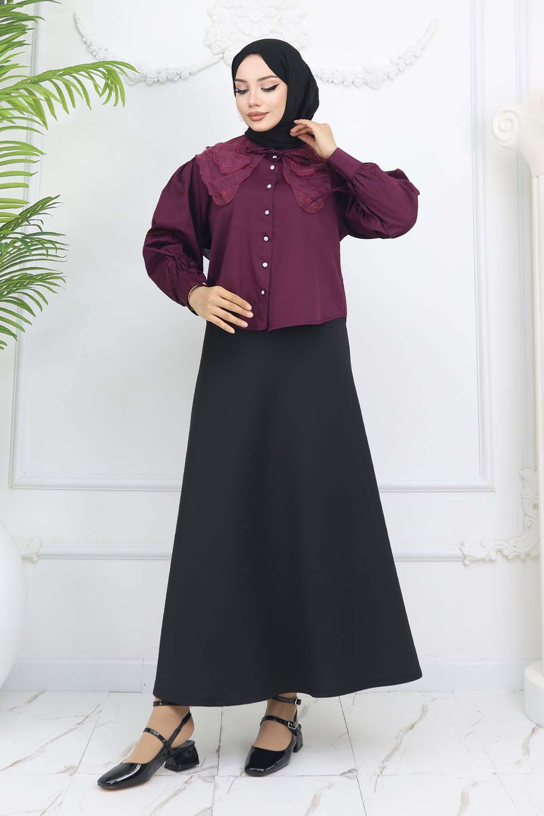 BNG Women Baby Collar Short Sleeve Shirt Burgundy 2254 - Madison