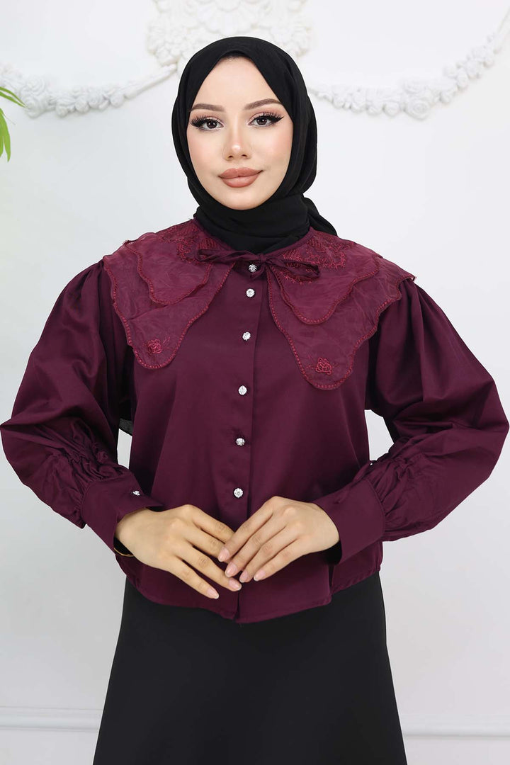 BNG Women Baby Collar Short Sleeve Shirt Burgundy 2254 - Madison