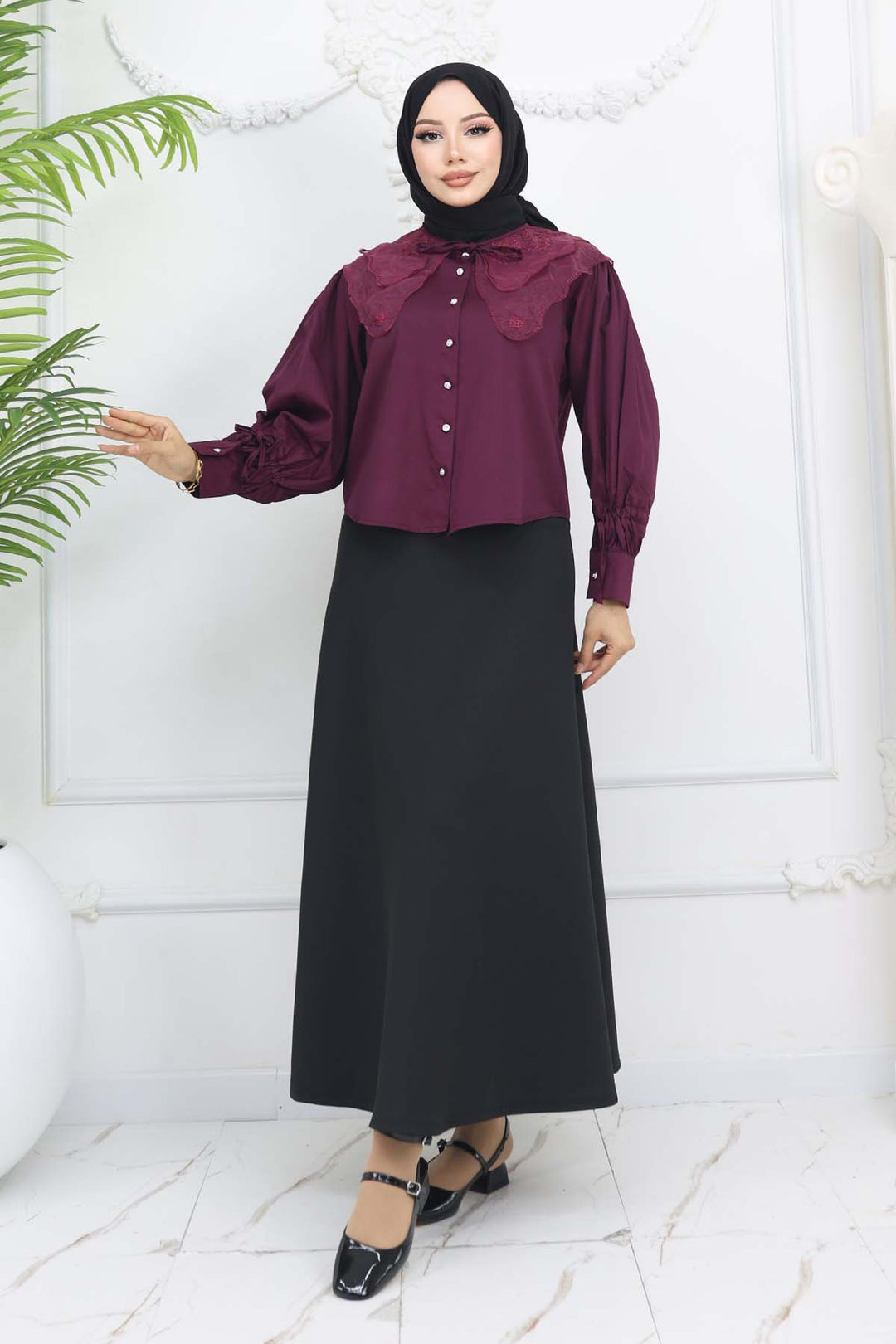 BNG Women Baby Collar Short Sleeve Shirt Burgundy 2254 - Madison