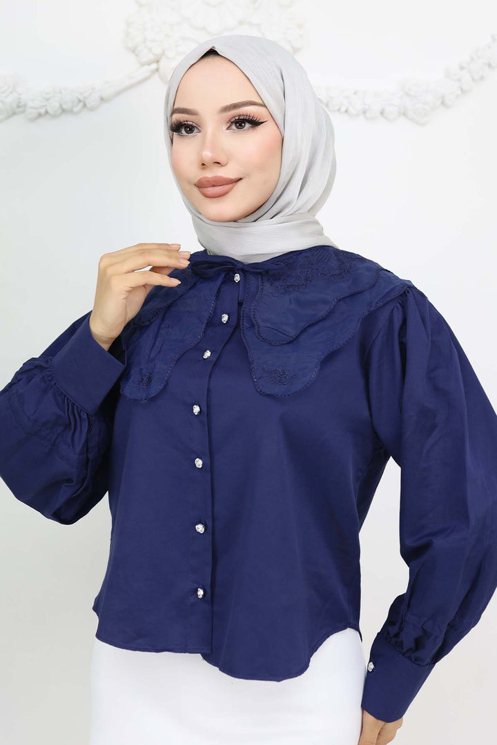 BNG Women Baby Collar Short Sleeve Shirt Navy Blue 2254 - Meadow Woods