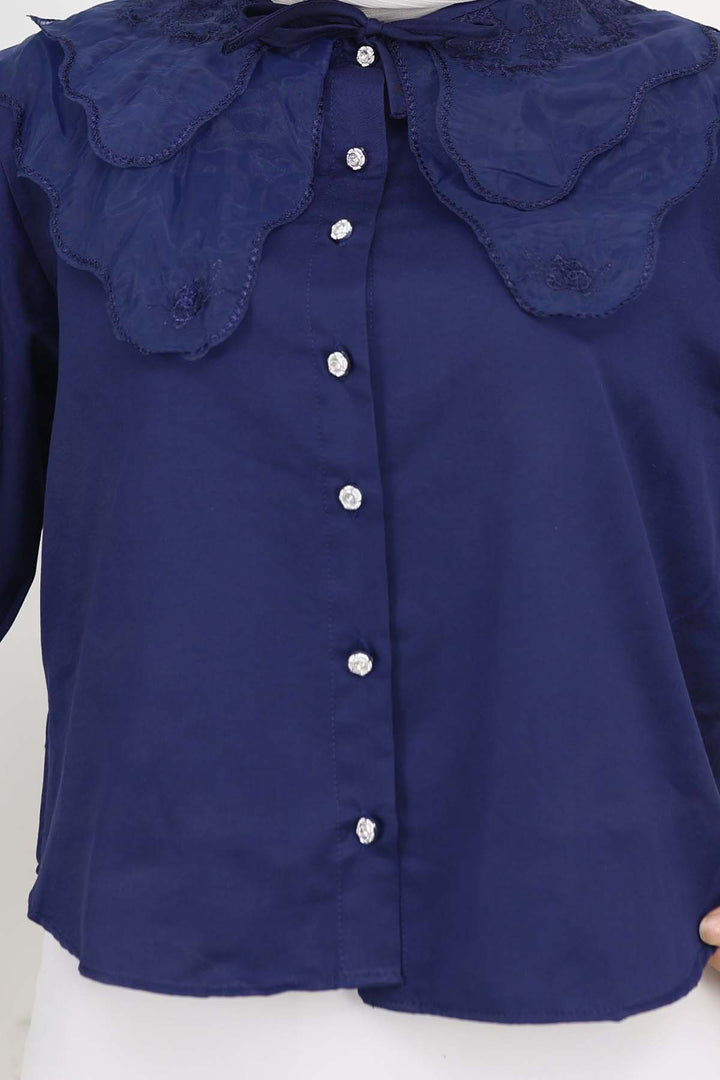 BNG Women Baby Collar Short Sleeve Shirt Navy Blue 2254 - Meadow Woods