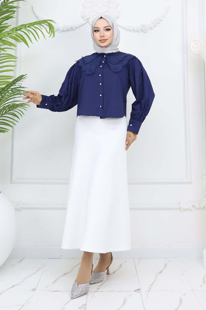 BNG Women Baby Collar Short Sleeve Shirt Navy Blue 2254 - Meadow Woods