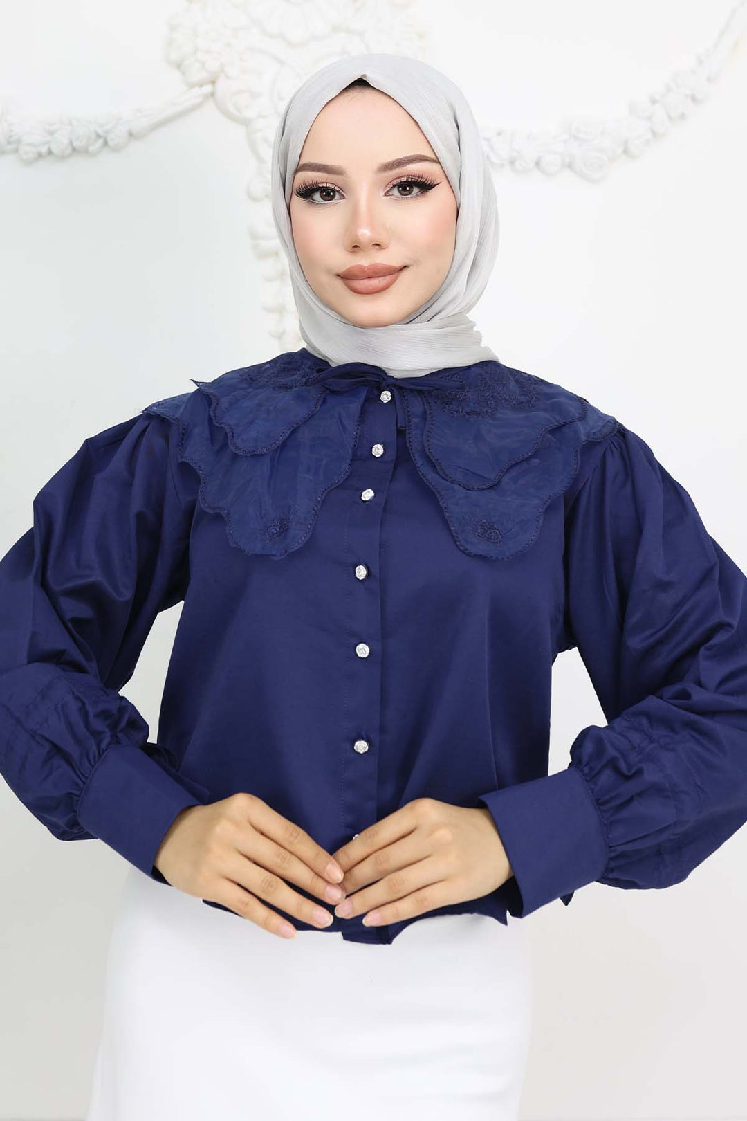 BNG Women Baby Collar Short Sleeve Shirt Navy Blue 2254 - Meadow Woods