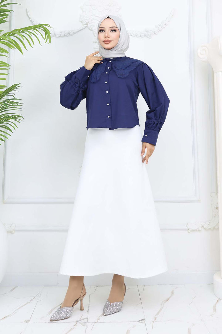 BNG Women Baby Collar Short Sleeve Shirt Navy Blue 2254 - Meadow Woods