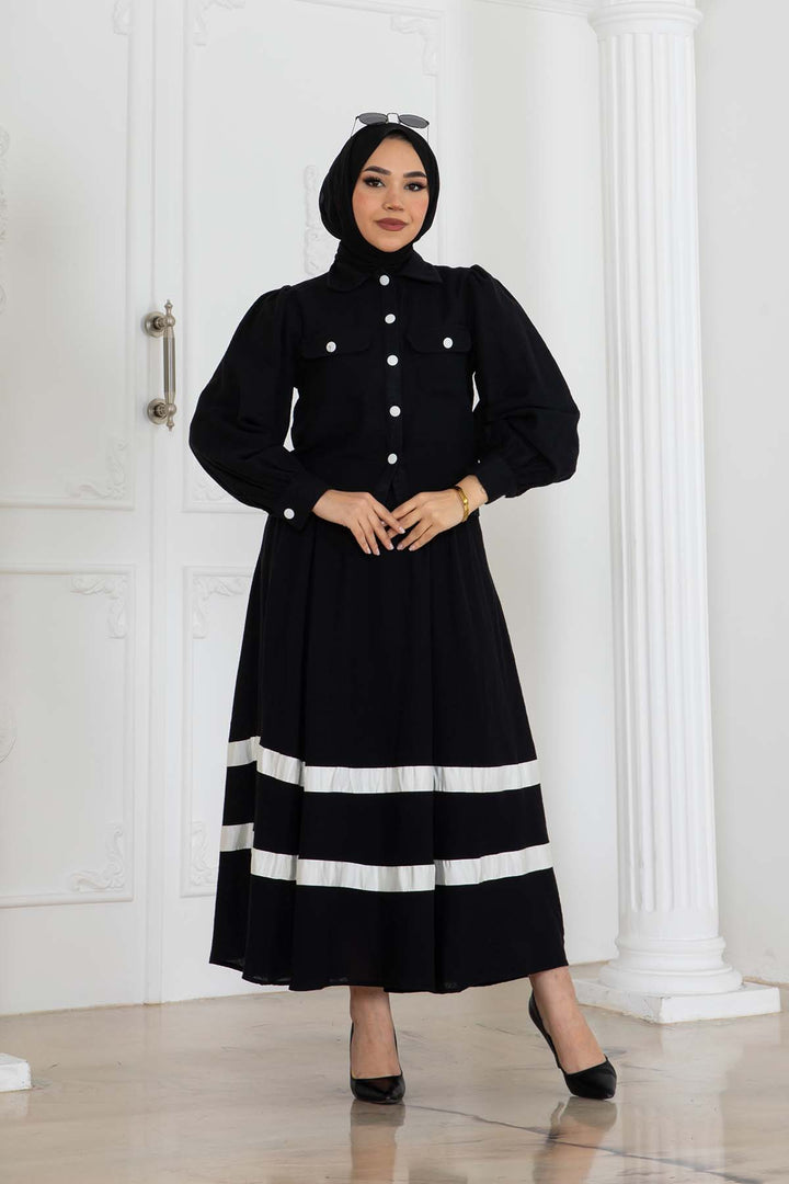 BNG Women Eteği Çizgili Keten Takım Siyah 2062 - Pervomaisk