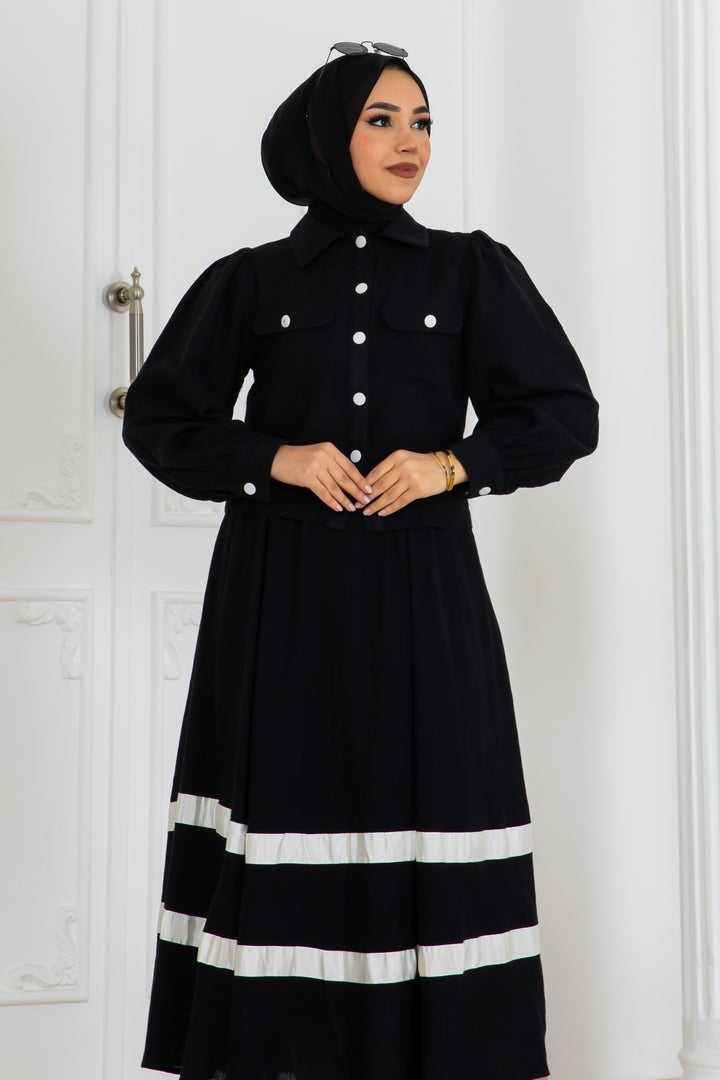 BNG Women Eteği Çizgili Keten Takım Siyah 2062 - Pervomaisk