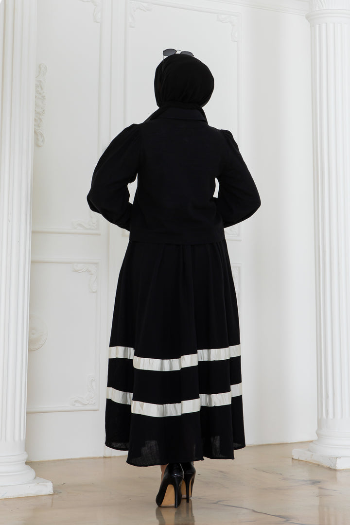 BNG Women Eteği Çizgili Keten Takım Siyah 2062 - Pervomaisk