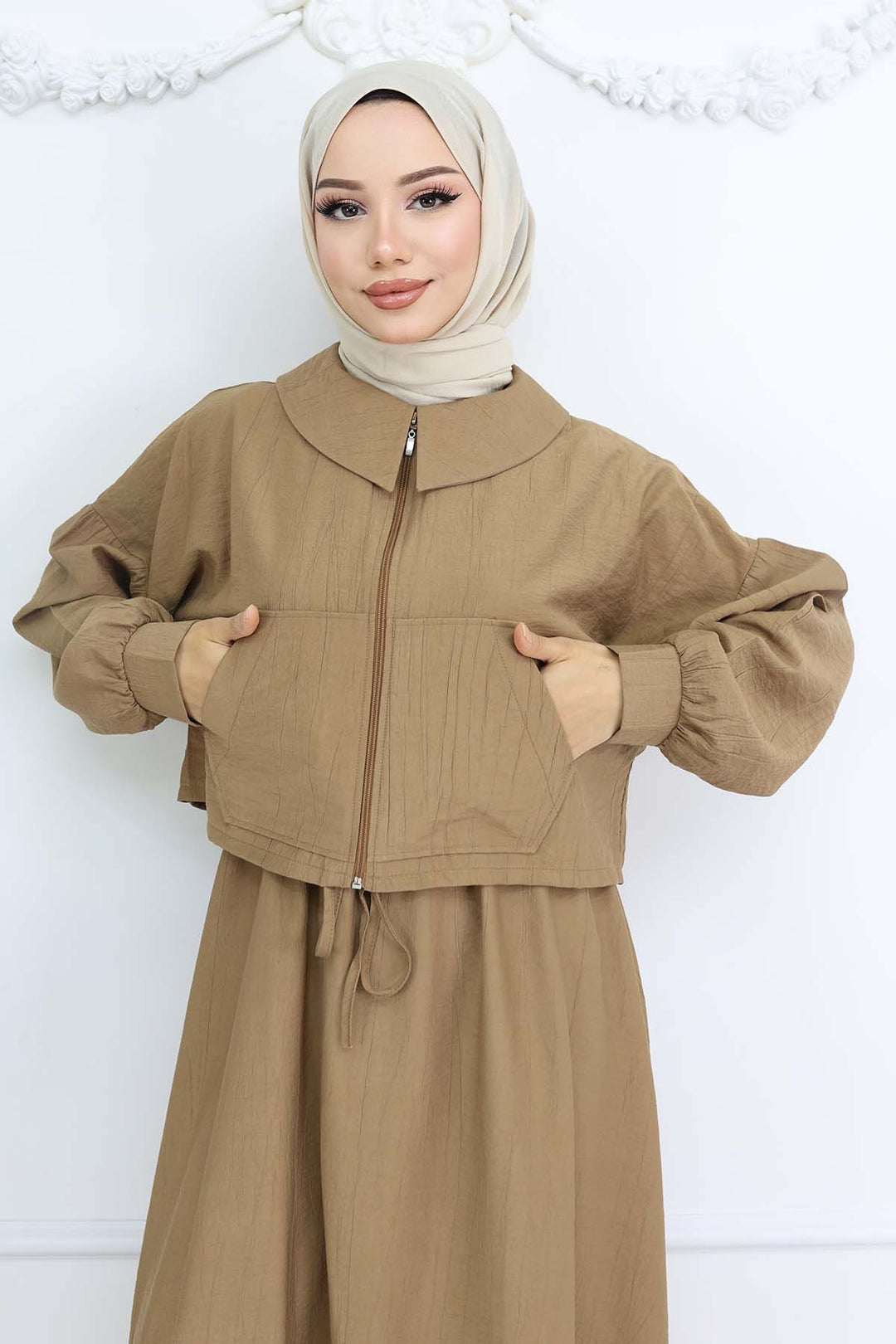 BNG Women Fermuarlı Ceket Jile Tesettür Takım Vizon 2240 - Aalen