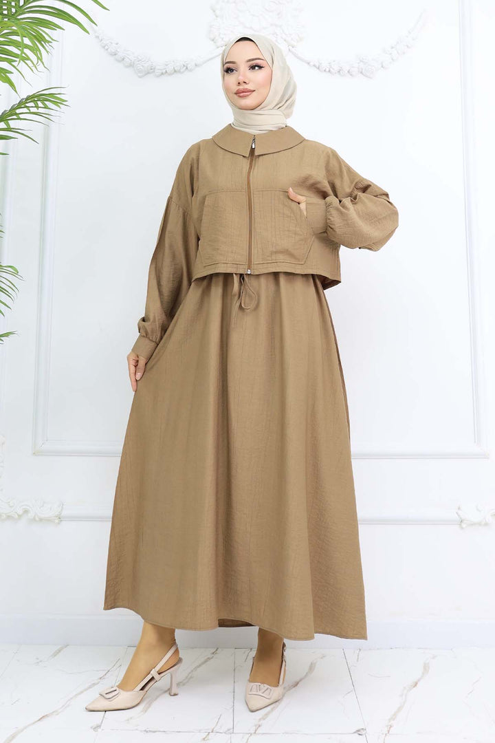 BNG Women Fermuarlı Ceket Jile Tesettür Takım Vizon 2240 - Aalen