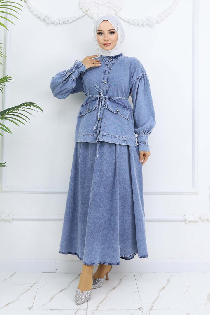 BNG Women Lace-Up Denim Skirt Suit Blue 6090 - Fulham