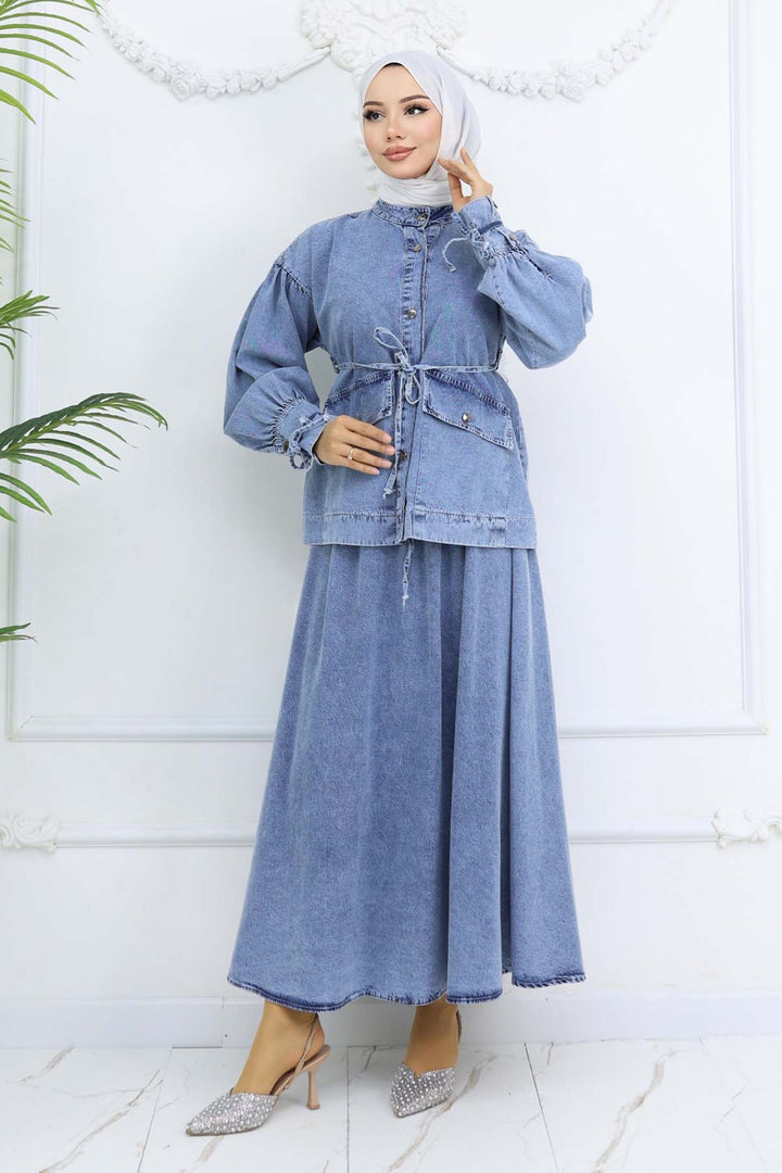 BNG Women Lace-Up Denim Skirt Suit Blue 6090 - Fulham
