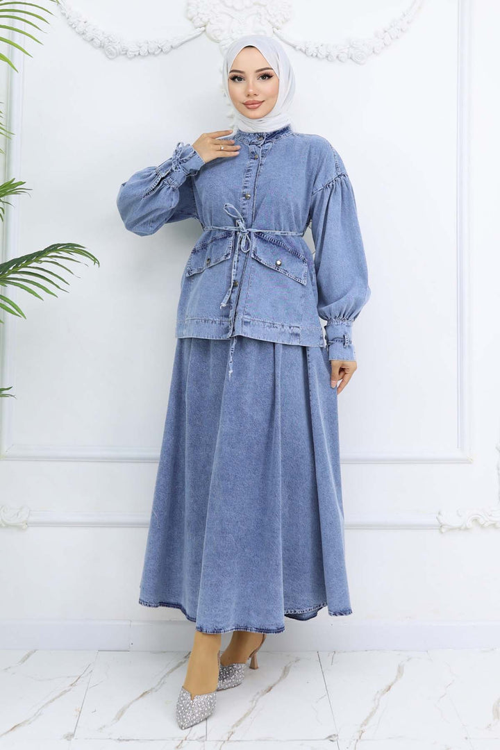 BNG Women Lace-Up Denim Skirt Suit Blue 6090 - Wesseling