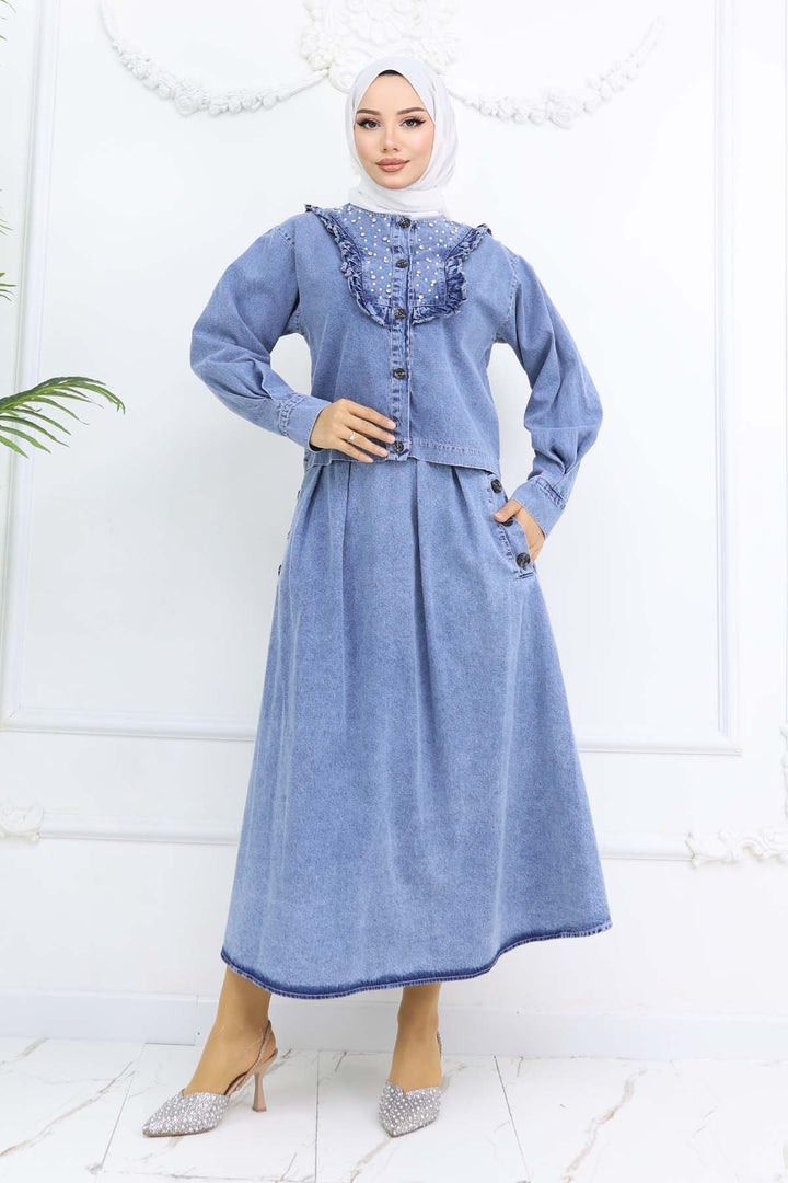 BNG Women Yakası İnci Detaylı Kot Etekli Takım Mavi 6120 - Marcianise