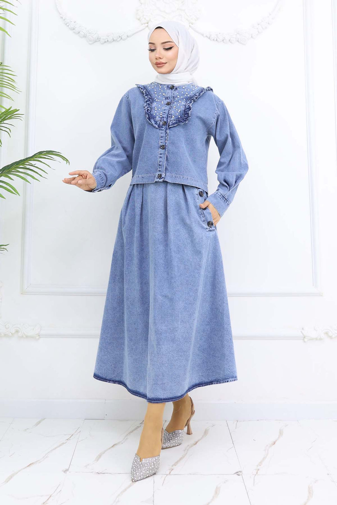 BNG Women Yakası İnci Detaylı Kot Etekli Takım Mavi 6120 - Marcianise