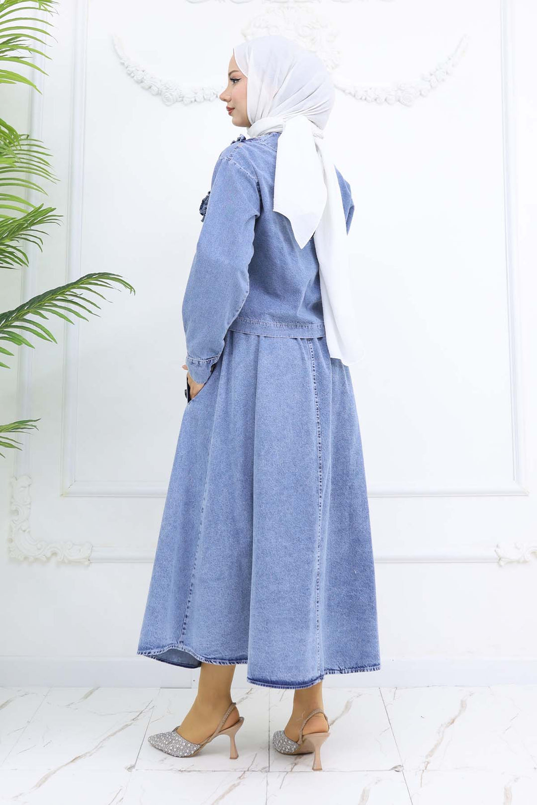 BNG Women Yakası İnci Detaylı Kot Etekli Takım Mavi 6120 - Marcianise