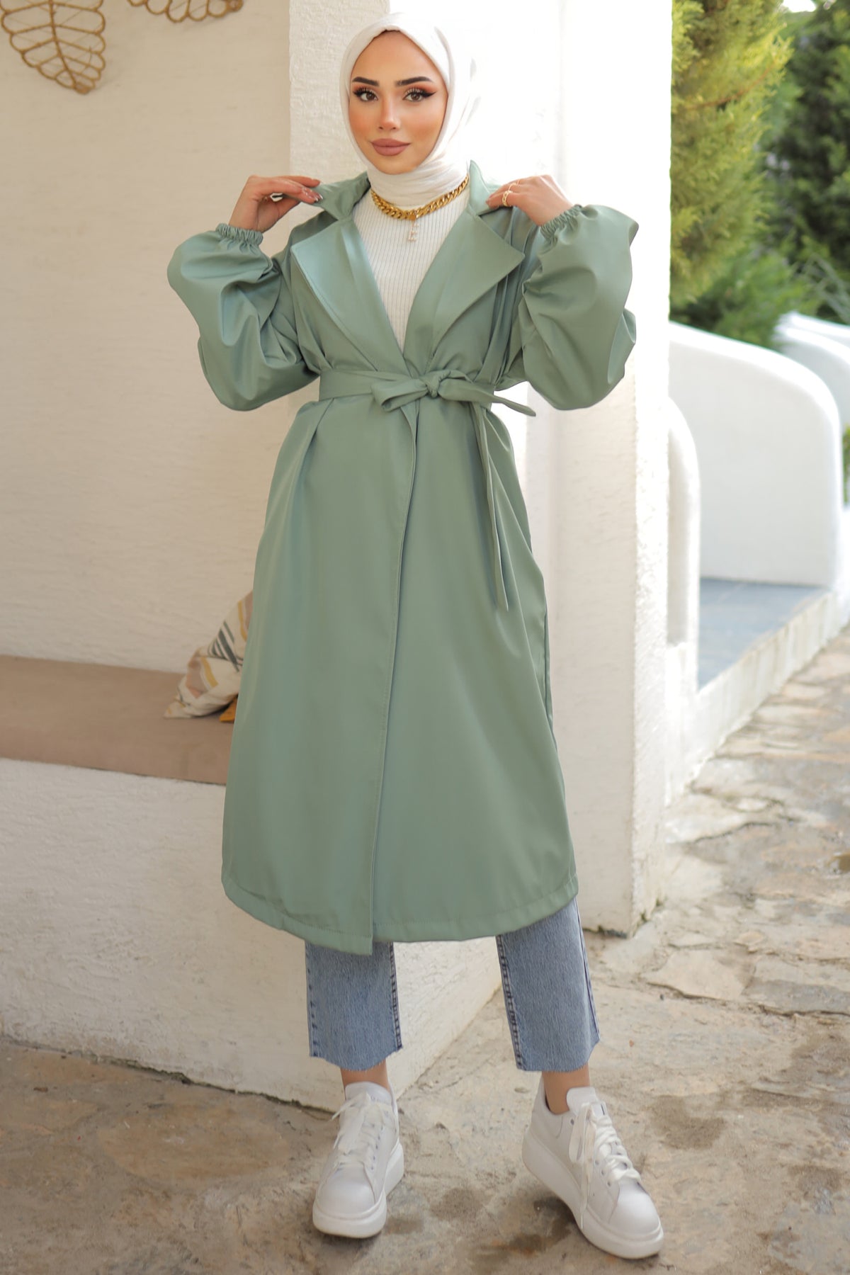 Mint green trench coat deals