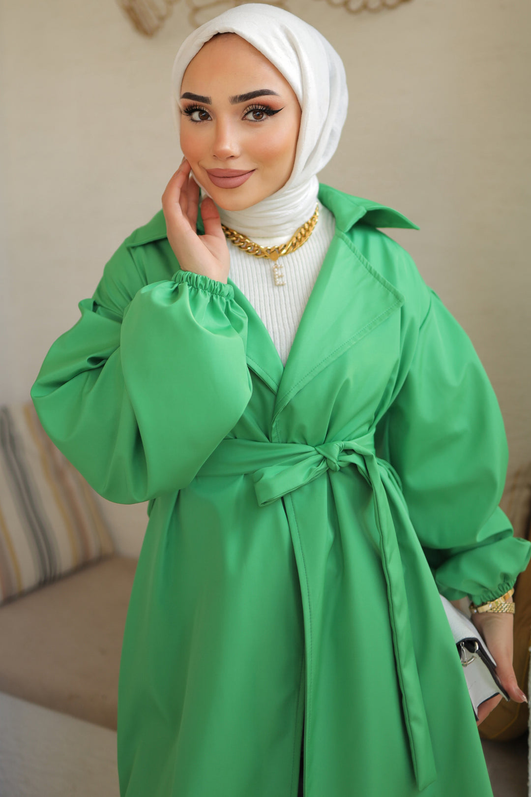 BNG معطف واق من المطر للنساء بحزام أخضر - كليرمون