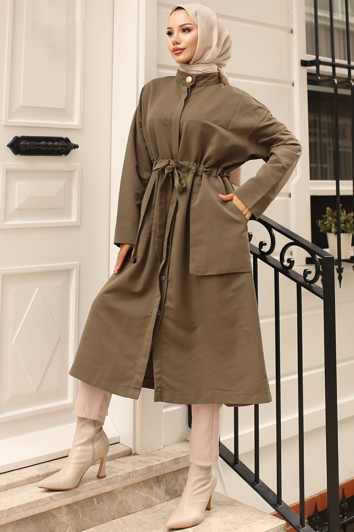 BNG Women Khaki Trench Coat with Collar Button Detail and Belt - Waalwijk