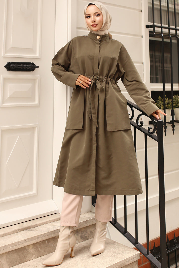 BNG Women Khaki Trench Coat with Collar Button Detail and Belt - Waalwijk