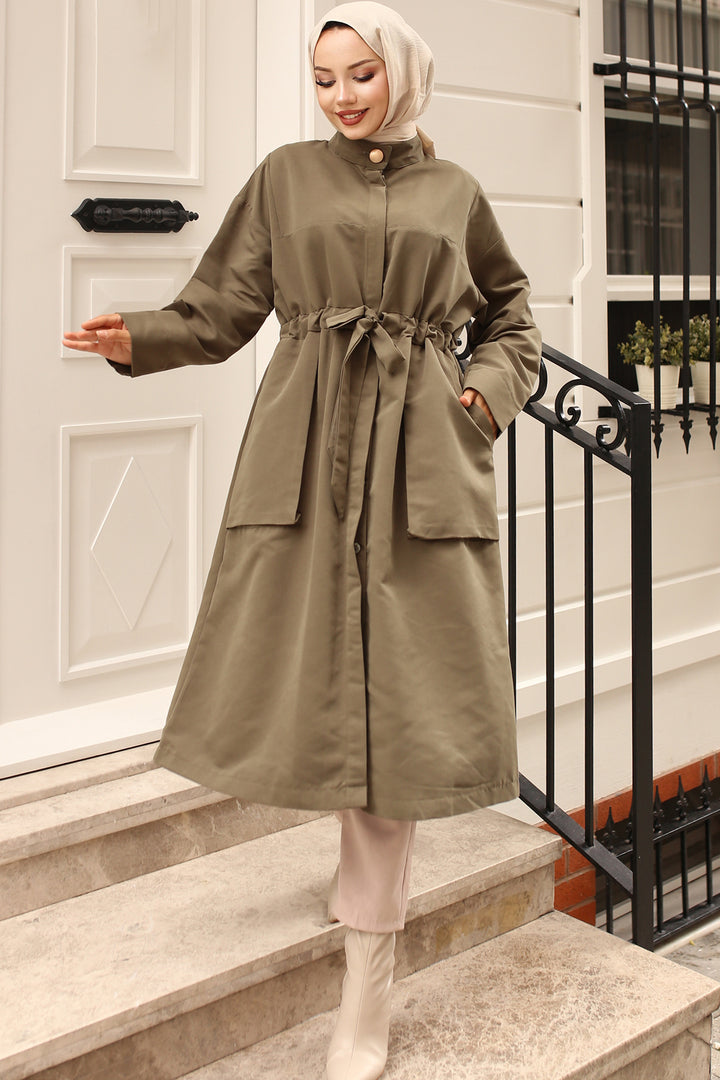BNG Women Khaki Trench Coat with Collar Button Detail and Belt - Waalwijk