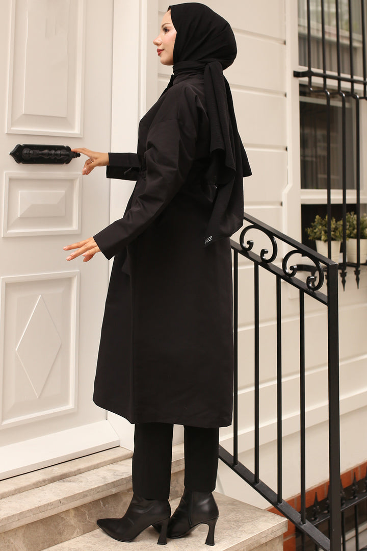BNG Women Black Trench Coat with Collar Button Detail and Belt - Port Talbot