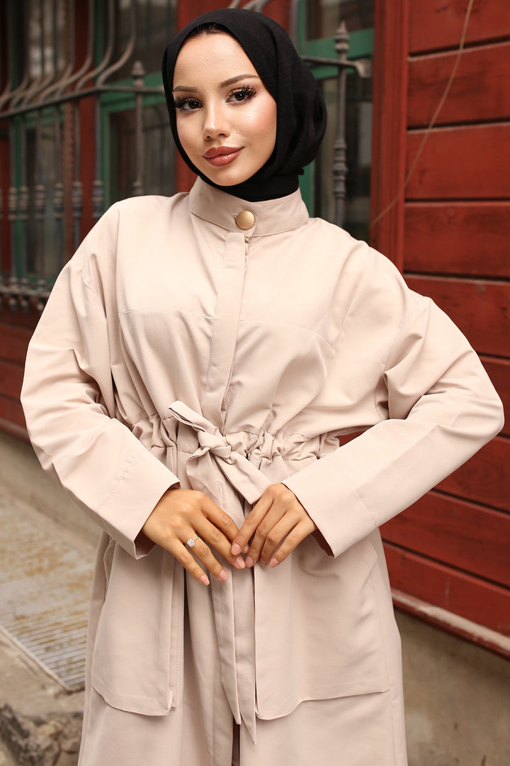 BNG Women Stone Color Trench Coat with Collar Button Detail and Belt - Franklin