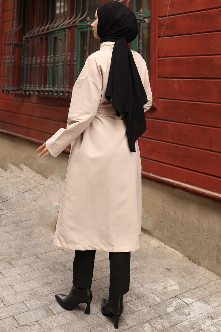 BNG Women Stone Color Trench Coat with Collar Button Detail and Belt - Franklin