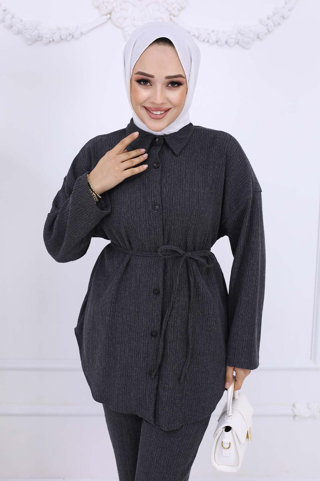 BNG Women Waist Belted Bürümcük Two-Piece Set Anthracite 2193 - Santa Monica