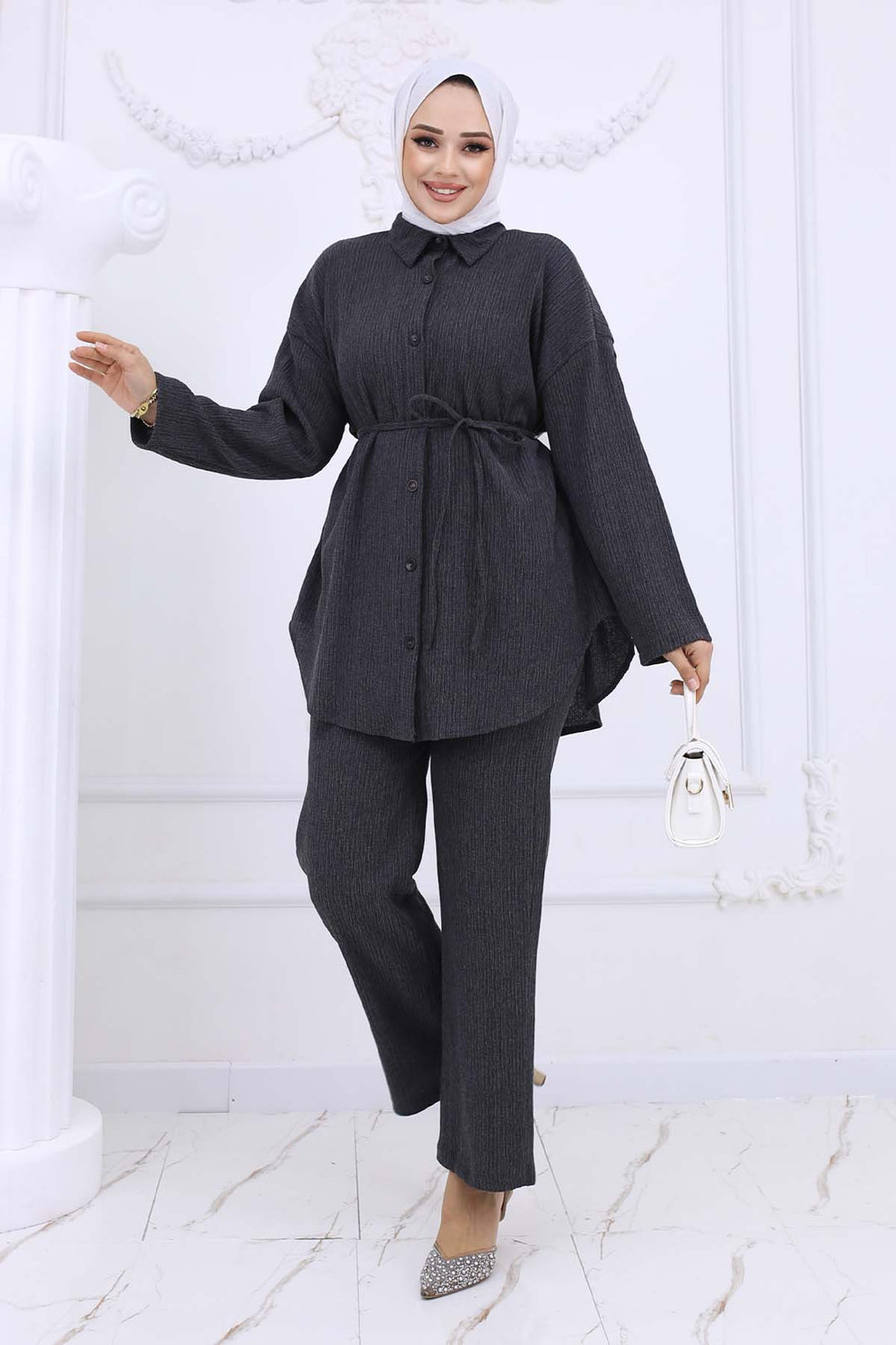 BNG Women Waist Belted Bürümcük Two-Piece Set Anthracite 2193 - Santa Monica