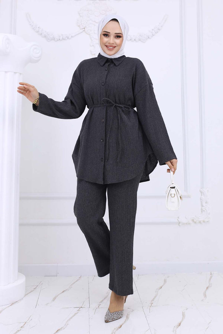 BNG Women Waist Belted Bürümcük Two-Piece Set Anthracite 2193 - Santa Monica
