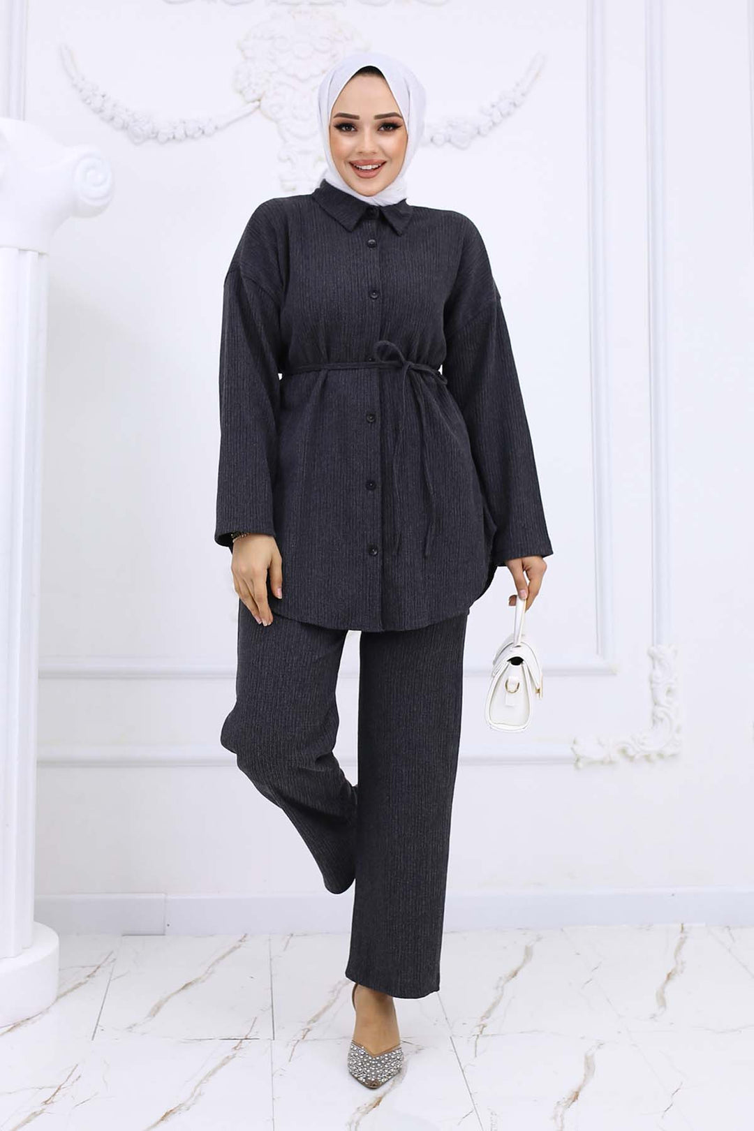 BNG Women Waist Belted Bürümcük Two-Piece Set Anthracite 2193 - Santa Monica